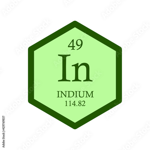 In Indium Post transition metal Chemical Element Periodic Table. Hexagon vector illustration, simple clean style Icon with molar mass and atomic number for Lab, science or chemistry education.