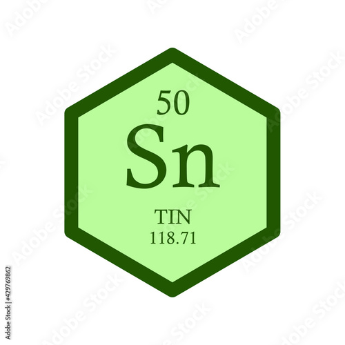 Sn Tin Post transition metal Chemical Element Periodic Table. Hexagon vector illustration, simple clean style Icon with molar mass and atomic number for Lab, science or chemistry education.