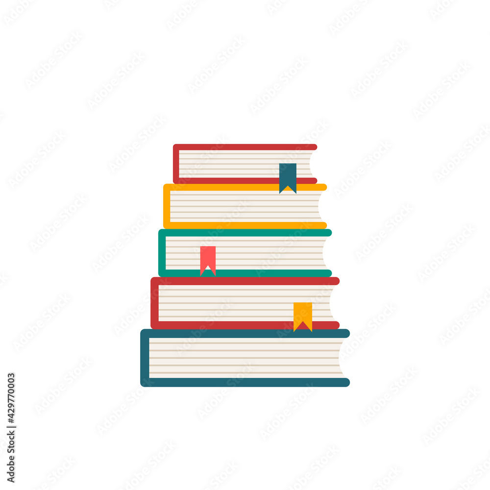 Colorful pile of books icon. Stack of books with bookmarks. Library and reading concept. Education and learning. Classic books. World book day. White background. Vector illustration, flat, clip art. Colorful pile of books icon. Stack of books with bookmarks. Library and reading concept. Education and learning. Classic books. World book day. White background. Vector illustration, flat, clip art.