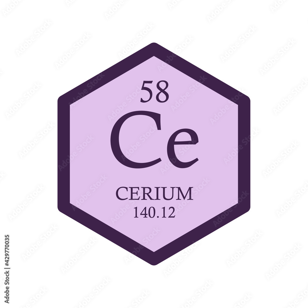 Ce Cerium Lanthanide Chemical Element Periodic Table. Hexagon vector illustration, simple clean style Icon with molar mass and atomic number for Lab, science or chemistry education. Ce Cerium Lanthanide Chemical Element Periodic Table. Hexagon vector illustration, simple clean style Icon with molar mass and atomic number for Lab, science or chemistry education.