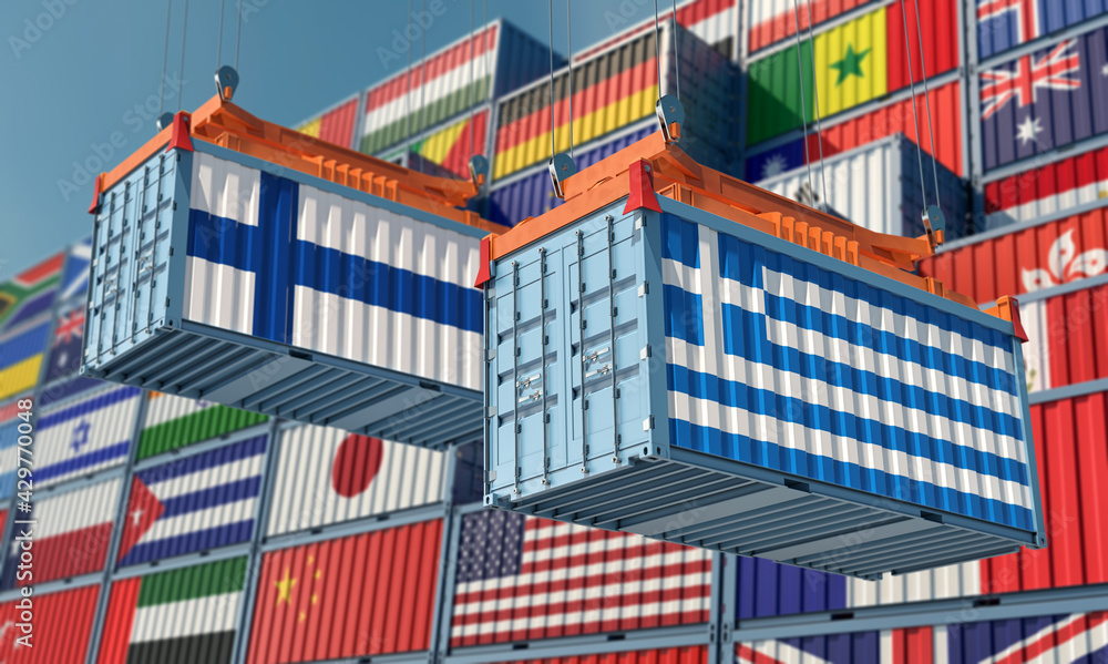 Freight containers with Greece and Finland national flags. 3D Rendering 
