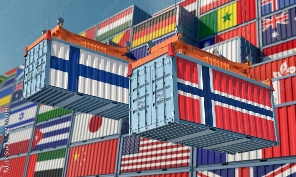 Freight containers with Norway and Finland national flags. 3D Rendering 