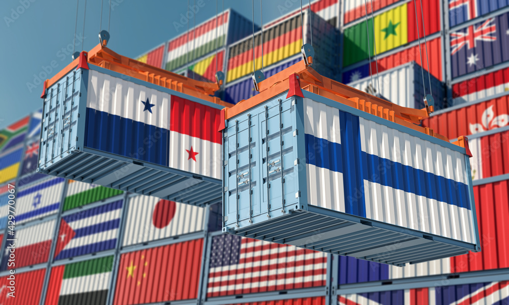 Freight containers with Panama and Finland national flags. 3D Rendering 