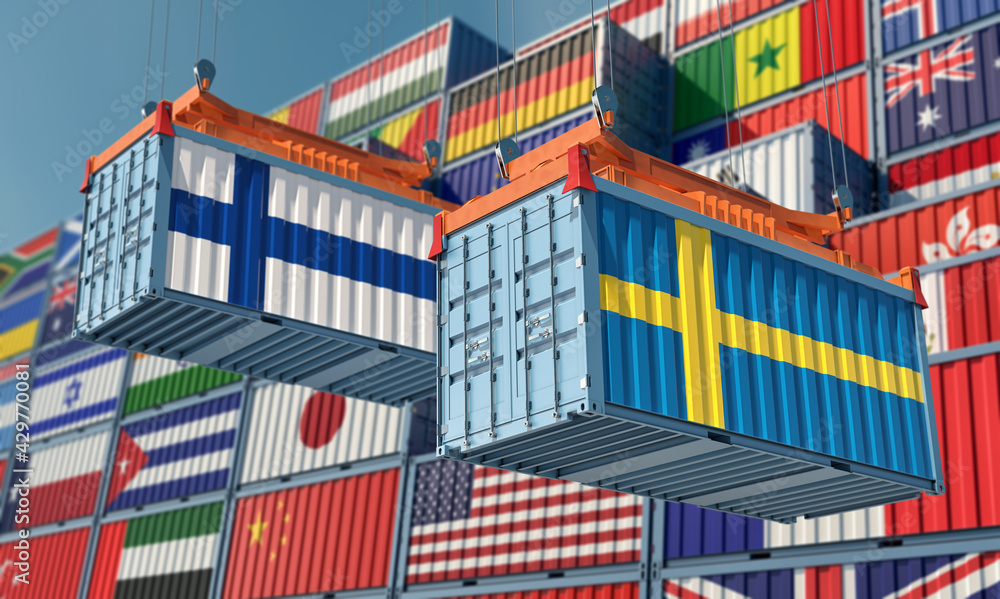 Freight containers with Sweden and Finland national flags. 3D Rendering 