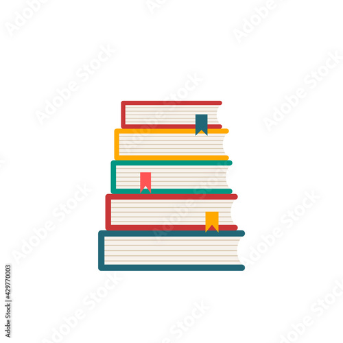 Colorful pile of books icon. Stack of books with bookmarks. Library and reading concept. Education and learning. Classic books. World book day. White background. Vector illustration, flat, clip art.