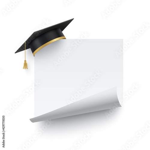 Graduate cap on blank banner with curled edge. Academy degree graduation hat with white board or sticker vector illustration. Academic education and achievement symbol and award icon