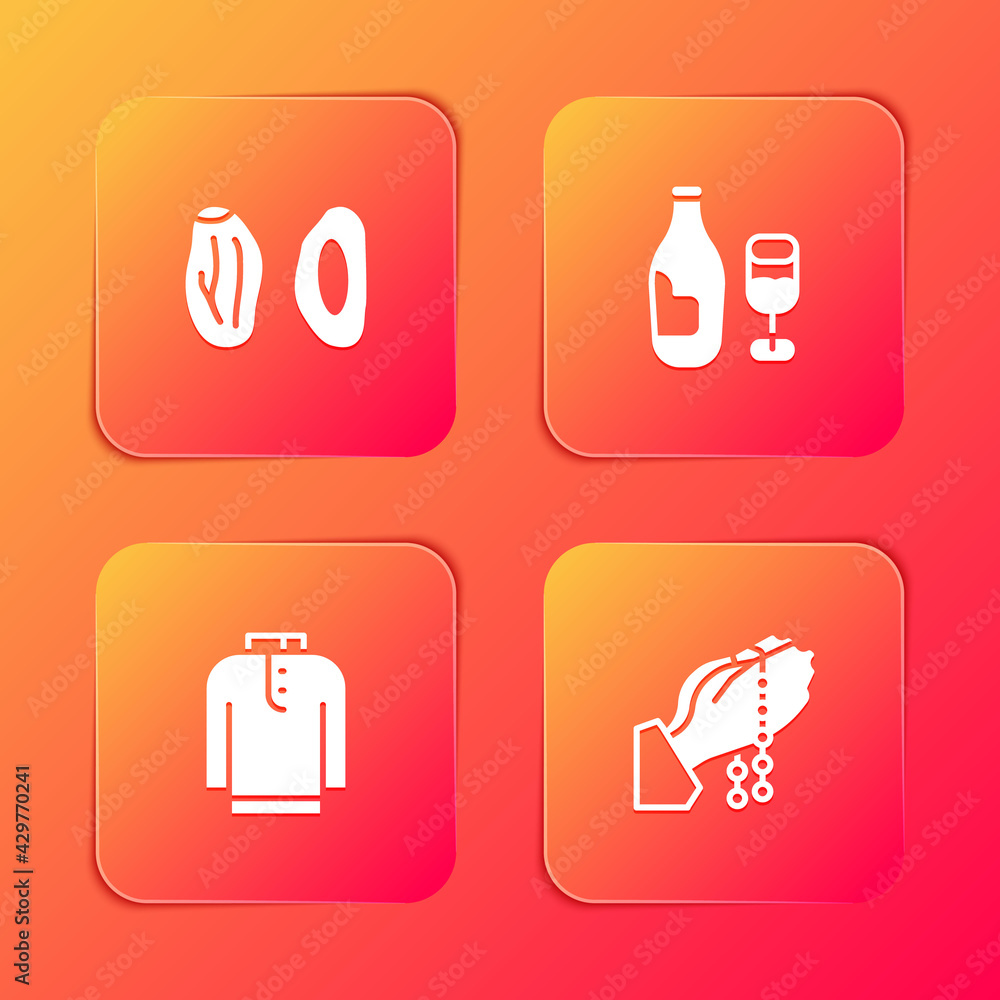 Set Date fruit, Wine bottle with glass, Shirt kurta and Hands praying position icon. Vector Set Date fruit, Wine bottle with glass, Shirt kurta and Hands praying position icon. Vector