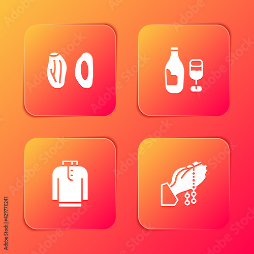 Set Date fruit, Wine bottle with glass, Shirt kurta and Hands praying position icon. Vector
