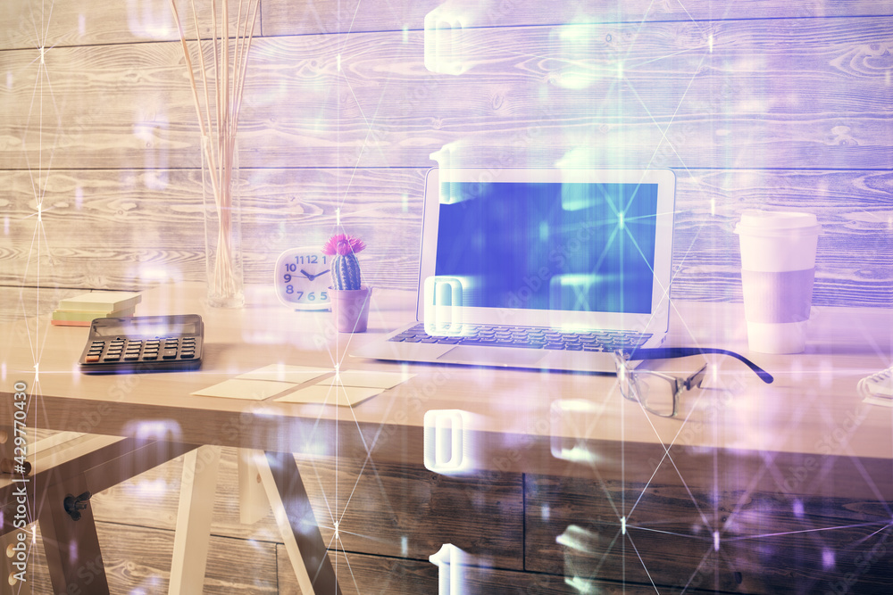 Multi exposure of data theme drawing and office interior background. Concept of technology. Multi exposure of data theme drawing and office interior background. Concept of technology.