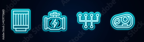 Set line Car air filter, Check engine, Gear shifter and headlight. Glowing neon icon. Vector