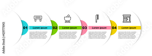 Set line Sauna wood bench, Mortar and pestle, Hairbrush and wooden bathhouse. Business infographic template. Vector