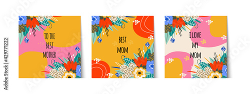 set of stylish cards for mother's day or mom's birthday. Greeting lettering best mom, I love my mom. Bouquet, gift label. Bright flowers and leaves. Vector illustration