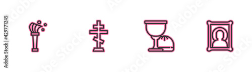 Set line Aspergillum, Holy grail or chalice, Christian cross and icon icon. Vector