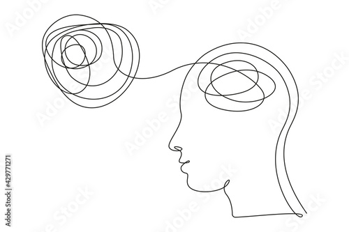 Concept of bad mental health. Human head with confused feelings and thoughts in one line art style. Continuous drawing illustration. Abstract linear Vector for banner, brochure, poster, presentation