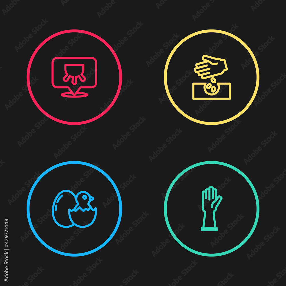 Set line Little chick in cracked egg, Rubber gloves, Seeds and Udder icon. Vector Set line Little chick in cracked egg, Rubber gloves, Seeds and Udder icon. Vector