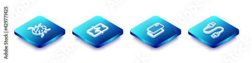 Set Isometric line System bug, Phone repair service, Smartphone and USB cable cord icon. Vector