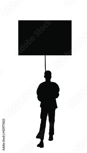 Demonstrator man protester hold banner in hands vector silhouette isolated. Hand holding protest placard sign on demonstration, revolution meeting. Boy laborer with poster on street event.