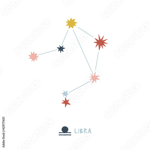 Libra zodiac star sign clip art isolated on white. Celestial horoscope constellation vector illustration. Magical Boho baby spiritual astrological design.