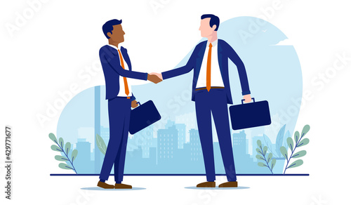 Diversity handshake vector illustration - two businessmen shaking hands on agreement and business deal. Corporate handshake and recruitment concept. 