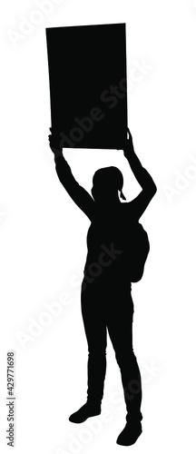 Woman protester hold transparent in hand vector silhouette. Girl hand holding protest sign. People in political agitation propaganda poster. Vote campaign for better laborer rights and salary on job