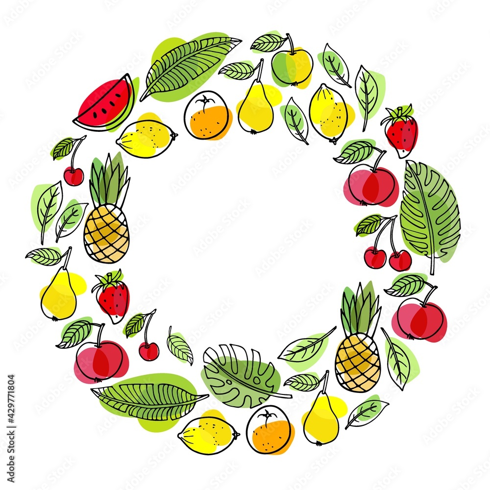 Fruit frame. Round seasonal fruit border. Frame Clip Art and Business Advertisement and Promotion. Hot season tropical background. For poster, banner, cards, party invitation, coupon with copy space