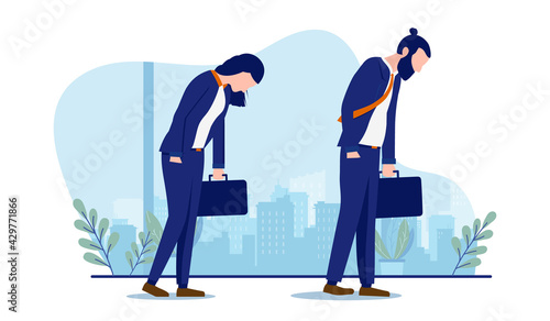 Unmotivated business people - Businessman and businesswoman feeling sad and unhappy. Boredom concept. Vector illustration with white background.