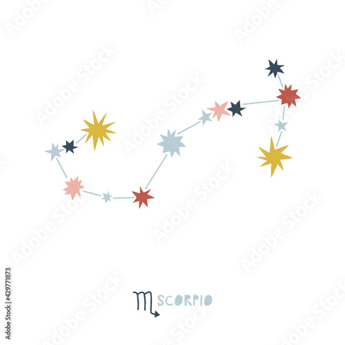 Scorpio zodiac star sign clip art isolated on white. Celestial horoscope constellation vector illustration. Magical Boho baby spiritual astrological design.