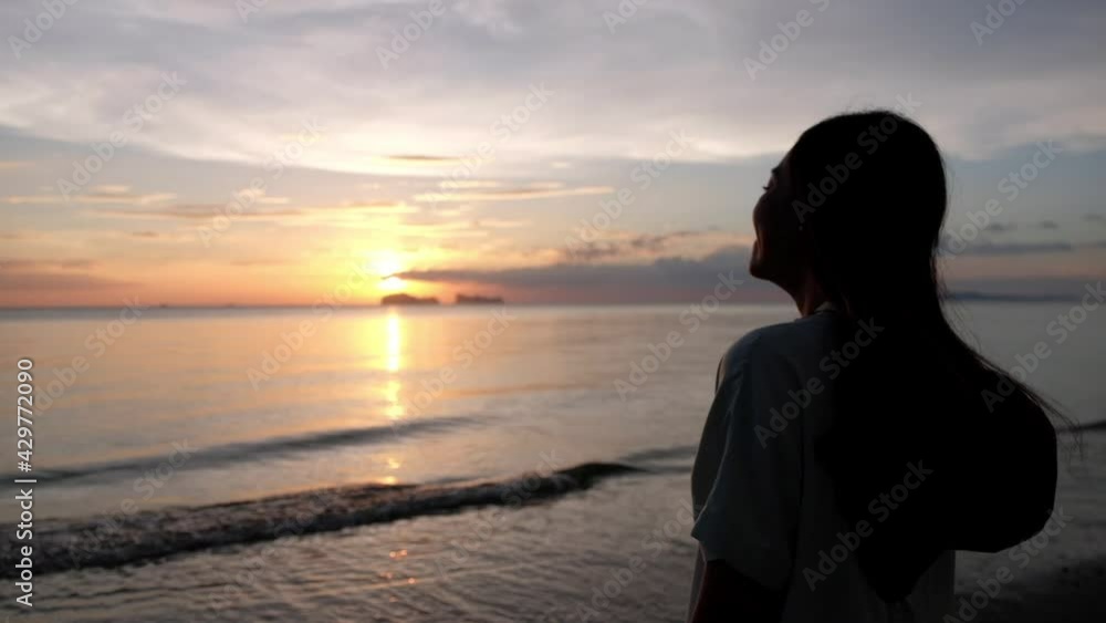 Silhouette of a young woman watching sunset on the beach Silhouette of a young woman watching sunset on the beach