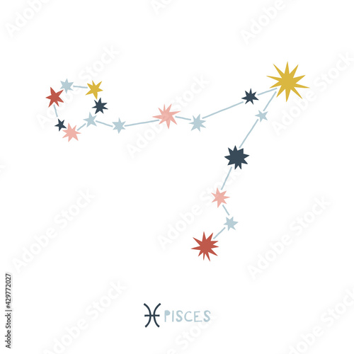 Pieces zodiac star sign clip art isolated on white. Celestial horoscope constellation vector illustration. Magical Boho baby spiritual astrological design.