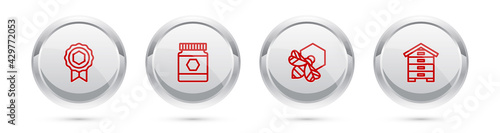 Set line Honey medal, Jar of honey, Bee and honeycomb and Hive for bees. Silver circle button. Vector