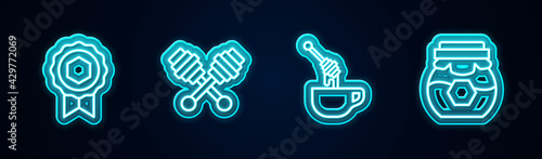 Set line Honey medal, dipper stick, with honey and Jar of. Glowing neon icon. Vector