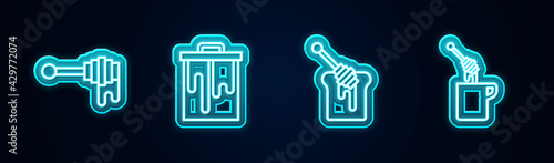 Set line Honey dipper stick with honey, Honeycomb, and . Glowing neon icon. Vector