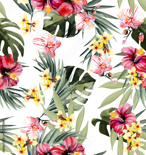 Fototapeta Naklejka Na Ścianę i Meble -  seamless pattern Exotic tropical flowers artwork for fabrics, souvenirs, packaging, greeting cards and scrapbooking