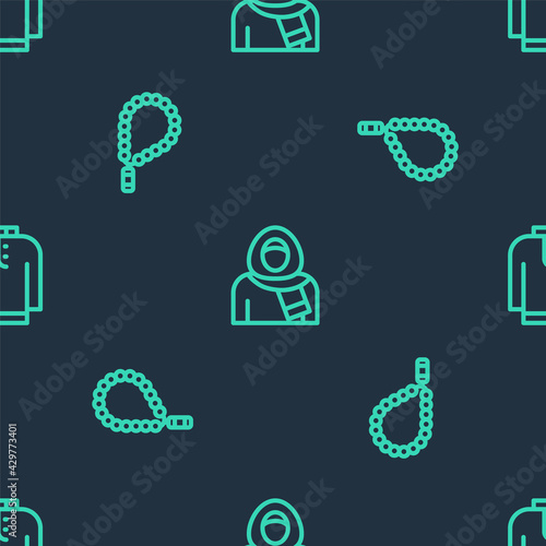 Set line Muslim woman in hijab, Rosary beads religion and Shirt kurta on seamless pattern. Vector