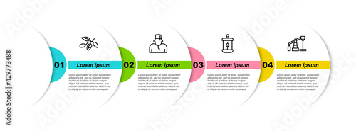 Set line Date fruit, Muslim man, Ramadan Kareem lantern and Oil pump or pump jack. Business infographic template. Vector