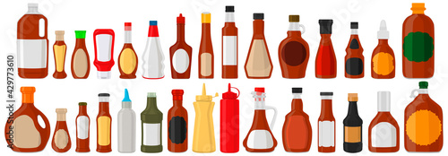 Illustration on theme kit varied glass bottles filled liquid sauce maple syrup