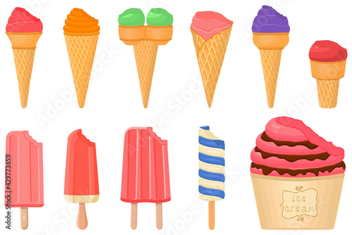 big kit ice cream popsicle different types in cone waffle cup
