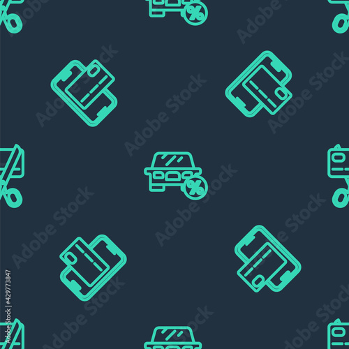 Set line Car leasing percent, Mobile banking and Scissors cutting credit card on seamless pattern. Vector