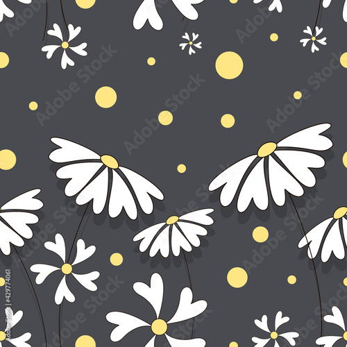 Chamomile field. Vector flower herbal background. Flower bed. Seamless pattern of flower chamomile
