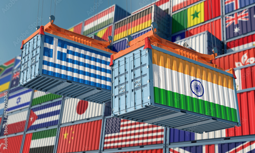 Freight containers with India and Greece national flags. 3D Rendering 