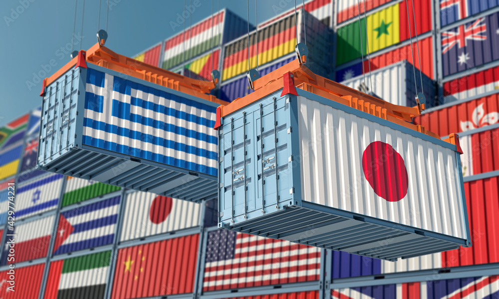 Freight containers with Japan and Greece national flags. 3D Rendering 