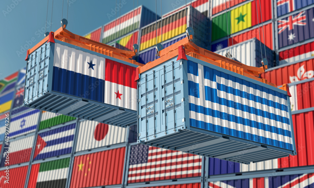 Freight containers with Panama and Greece national flags. 3D Rendering 