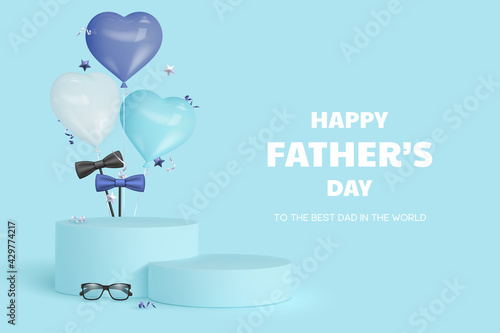 Happy Fathers Day display podium with glasses, bow tie and heart balloons. Blue background with greeting text. Realistic vector illustration.