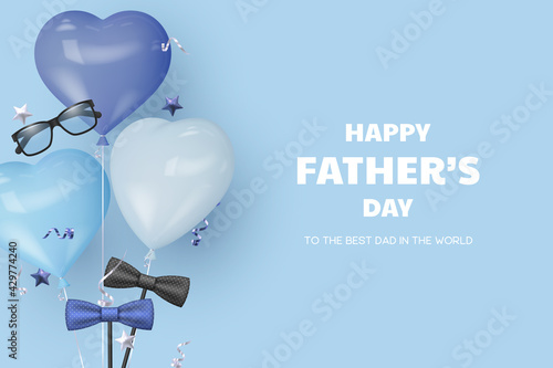 Happy Fathers Day banner with glasses, bow tie and heart balloons. Blue background with greeting text. Realistic vector illustration.