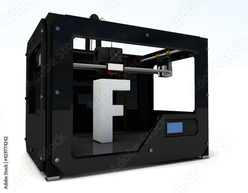 3d illustration of 3D printer priting the letter F