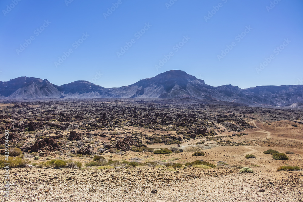 Dramatic moon-like scenery (Paisaje Lunar) at Las Canadas caldera in Teide National Park (Parque nacional del Teide). Tenerife, Canary Islands, Spain. Dramatic moon-like scenery (Paisaje Lunar) at Las Canadas caldera in Teide National Park (Parque nacional del Teide). Tenerife, Canary Islands, Spain.