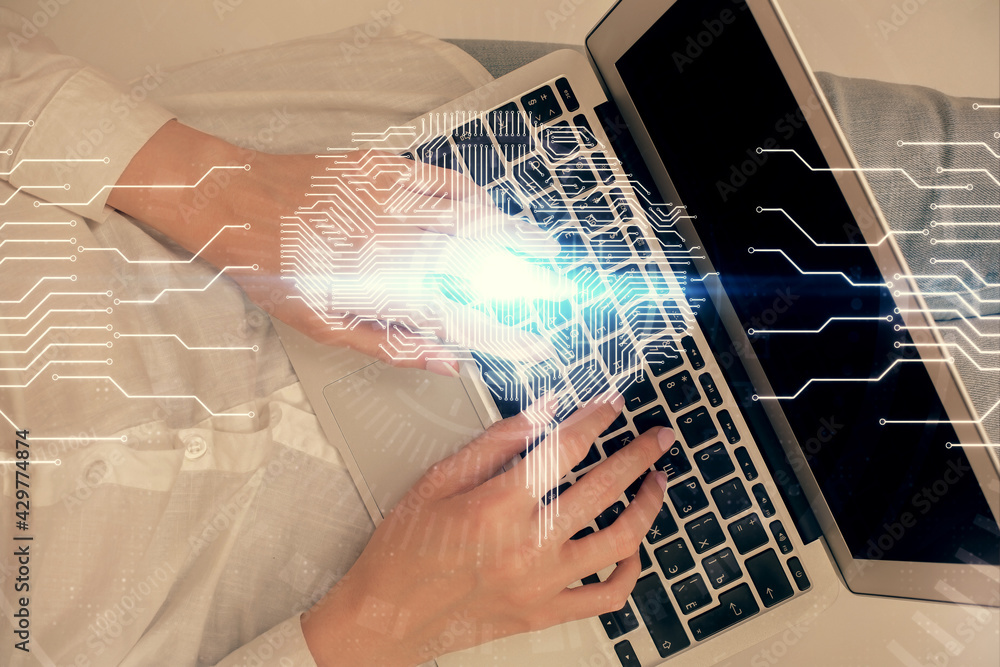 Double exposure of woman working on computer andhuman brain hologram drawing. Top View. Ai concept. Double exposure of woman working on computer andhuman brain hologram drawing. Top View. Ai concept.