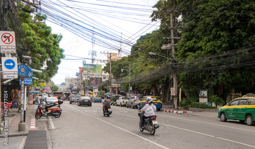  Pattaya, Thailand , September 8, 2019: Pattayasaisong Rd.Cars and motorcyclists are moving along the street