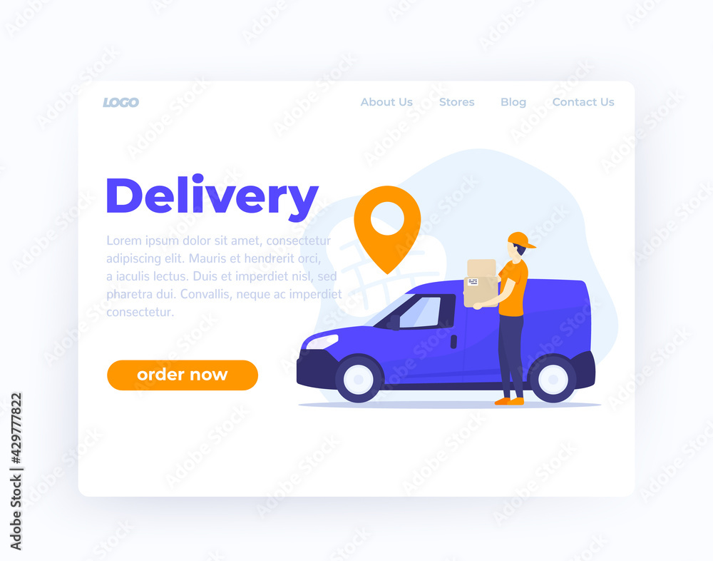 delivery banner design, man holding boxes near mini van delivery banner design, man holding boxes near mini van