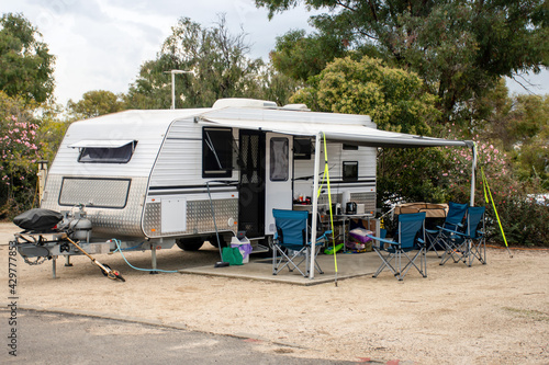 RV caravan camping at the caravan park. Camping vacation travel concept